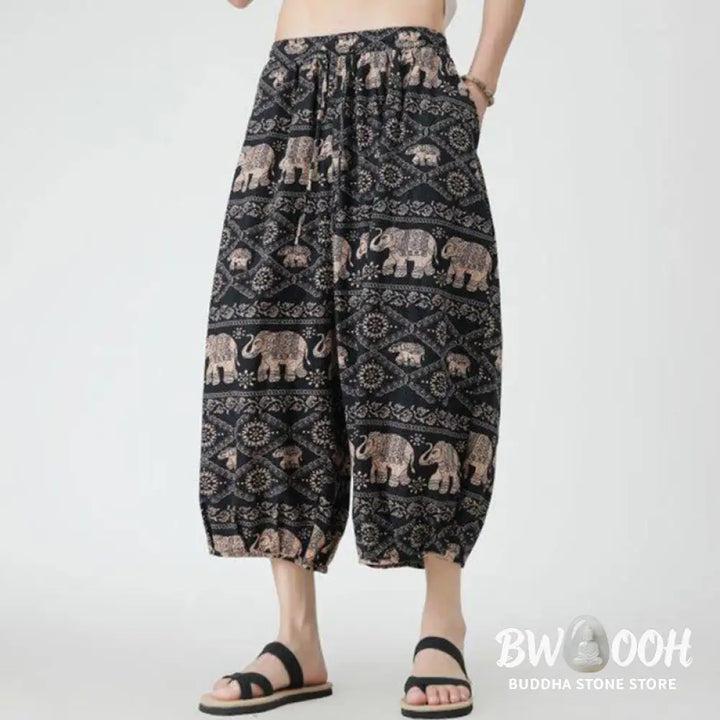 Buddha Stones Summer Square Patchwork Elephant Mandala Geometry Cotton Linen Men’s 7-8 Length Pants With Pockets