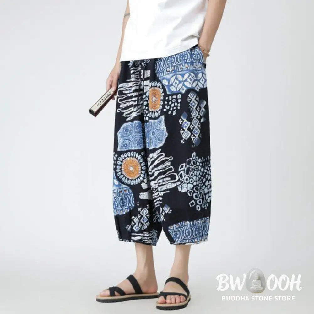 Buddha Stones Summer Square Patchwork Elephant Mandala Geometry Cotton Linen Men’s 7-8 Length Pants With Pockets