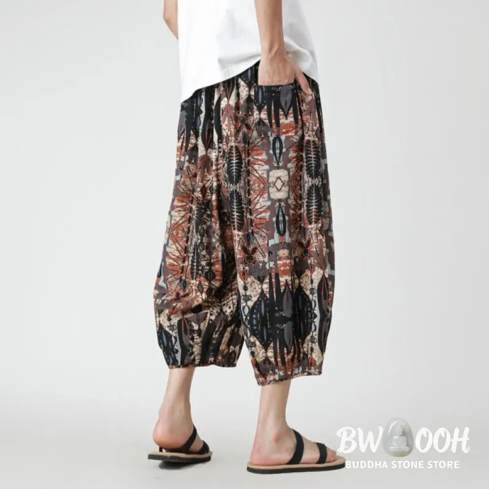 Buddha Stones Summer Square Patchwork Elephant Mandala Geometry Cotton Linen Men’s 7-8 Length Pants With Pockets