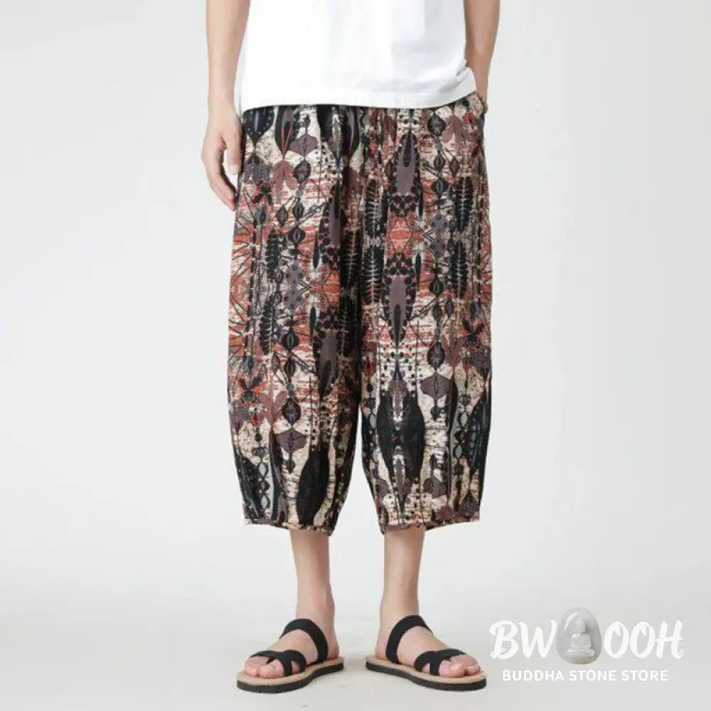 Buddha Stones Summer Square Patchwork Elephant Mandala Geometry Cotton Linen Men’s 7-8 Length Pants With Pockets