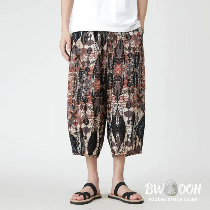 Buddha Stones Summer Square Patchwork Elephant Mandala Geometry Cotton Linen Men’s 7-8 Length Pants With Pockets