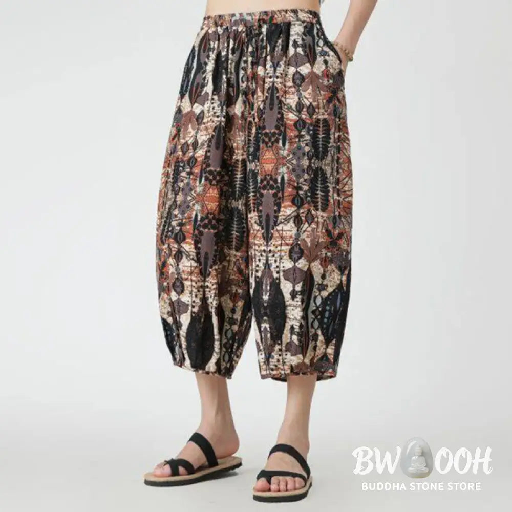 Buddha Stones Summer Square Patchwork Elephant Mandala Geometry Cotton Linen Men’s 7-8 Length Pants With Pockets