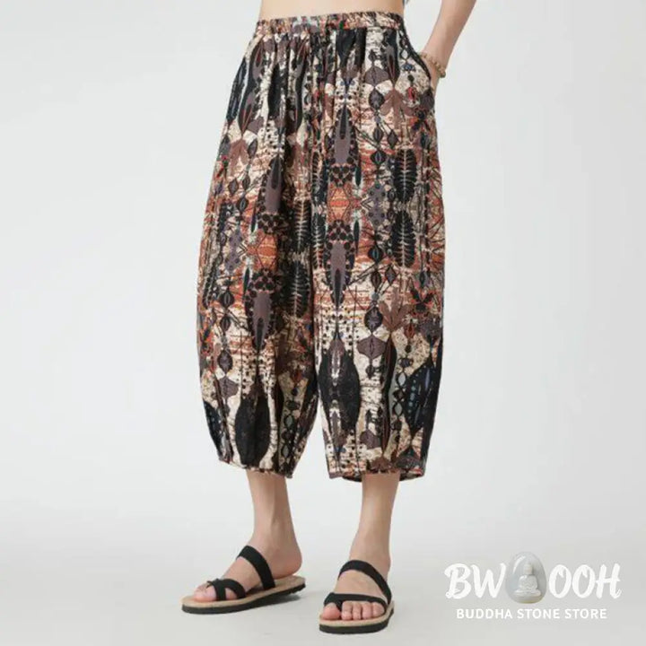 Buddha Stones Summer Square Patchwork Elephant Mandala Geometry Cotton Linen Men’s 7-8 Length Pants With Pockets