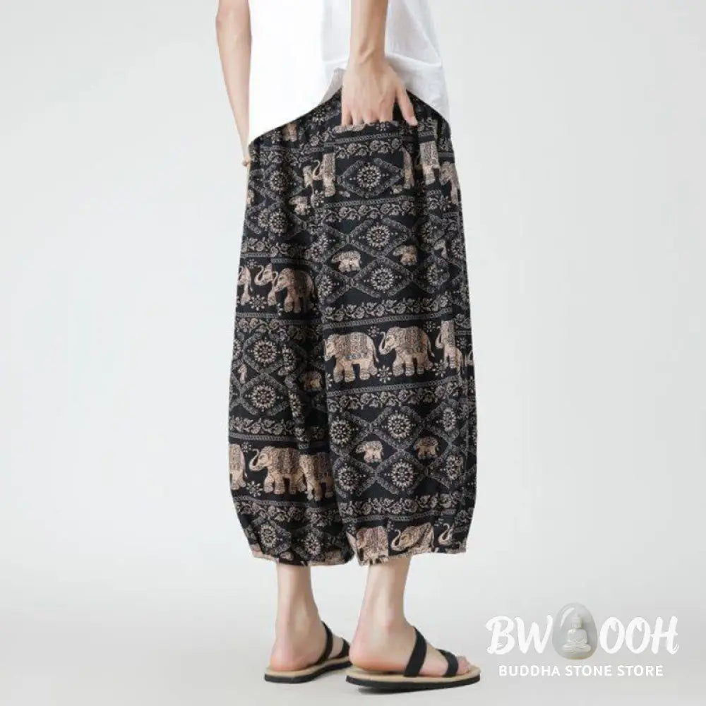 Buddha Stones Summer Square Patchwork Elephant Mandala Geometry Cotton Linen Men’s 7-8 Length Pants With Pockets