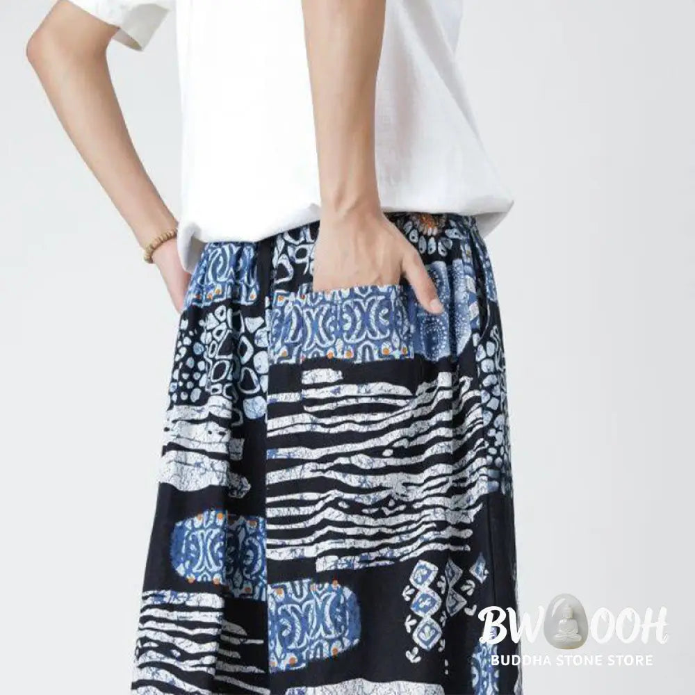 Buddha Stones Summer Square Patchwork Elephant Mandala Geometry Cotton Linen Men’s 7-8 Length Pants With Pockets