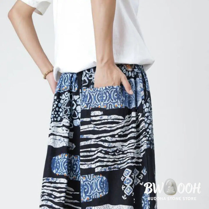 Buddha Stones Summer Square Patchwork Elephant Mandala Geometry Cotton Linen Men’s 7-8 Length Pants With Pockets