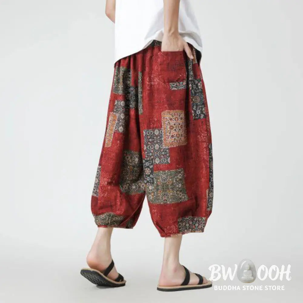 Buddha Stones Summer Square Patchwork Elephant Mandala Geometry Cotton Linen Men’s 7-8 Length Pants With Pockets