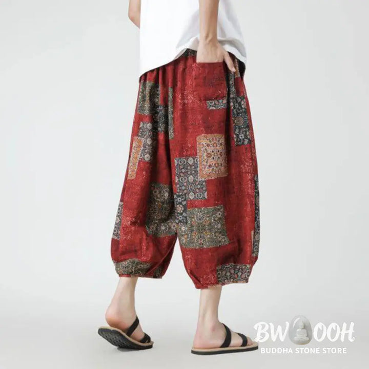 Buddha Stones Summer Square Patchwork Elephant Mandala Geometry Cotton Linen Men’s 7-8 Length Pants With Pockets