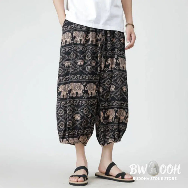 Buddha Stones Summer Square Patchwork Elephant Mandala Geometry Cotton Linen Men’s 7-8 Length Pants With Pockets