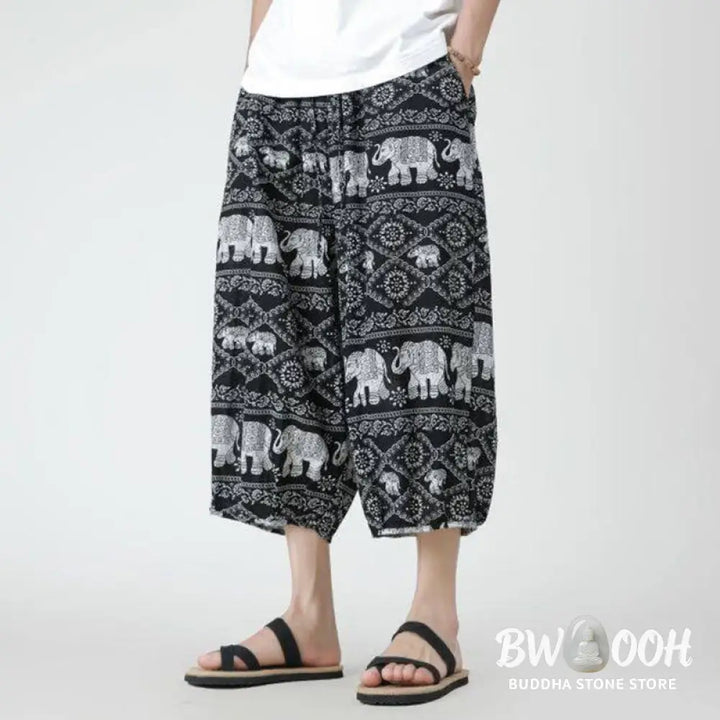Buddha Stones Summer Square Patchwork Elephant Mandala Geometry Cotton Linen Men’s 7-8 Length Pants With Pockets