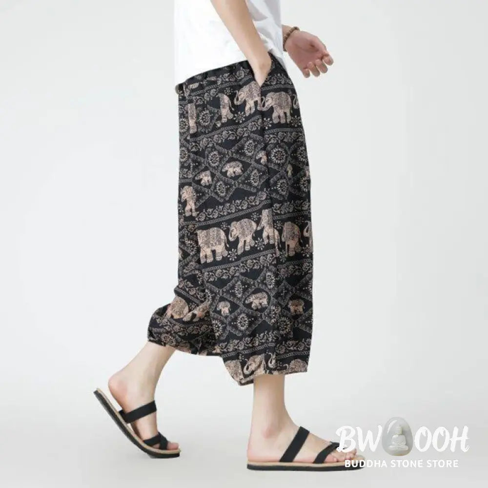Buddha Stones Summer Square Patchwork Elephant Mandala Geometry Cotton Linen Men’s 7-8 Length Pants With Pockets