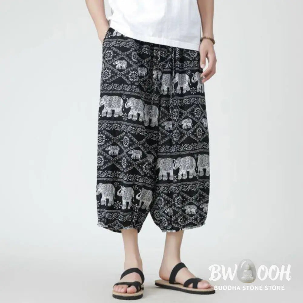 Buddha Stones Summer Square Patchwork Elephant Mandala Geometry Cotton Linen Men’s 7-8 Length Pants With Pockets