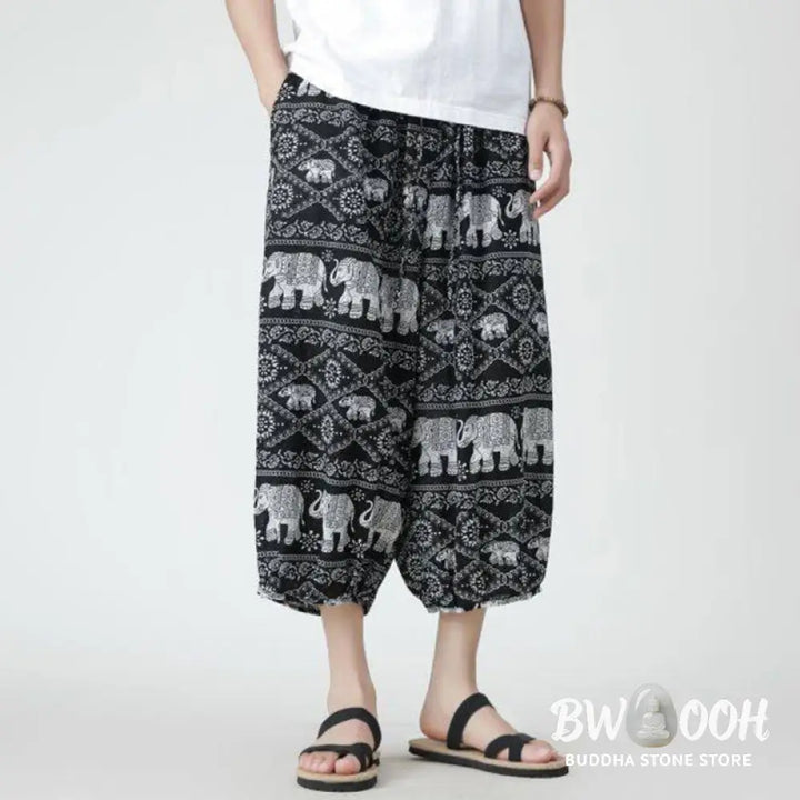 Buddha Stones Summer Square Patchwork Elephant Mandala Geometry Cotton Linen Men’s 7-8 Length Pants With Pockets