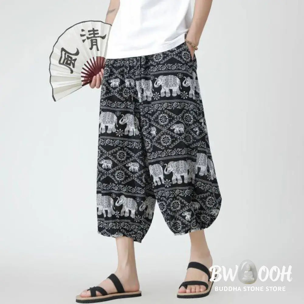 Buddha Stones Summer Square Patchwork Elephant Mandala Geometry Cotton Linen Men’s 7-8 Length Pants With Pockets