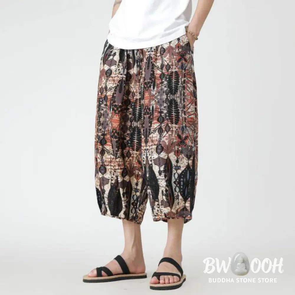 Buddha Stones Summer Square Patchwork Elephant Mandala Geometry Cotton Linen Men’s 7-8 Length Pants With Pockets