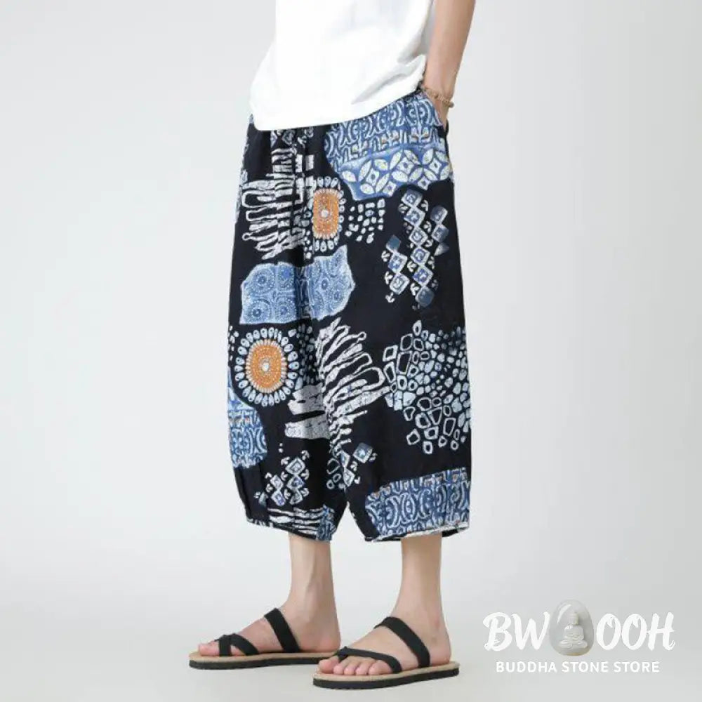 Buddha Stones Summer Square Patchwork Elephant Mandala Geometry Cotton Linen Men’s 7-8 Length Pants With Pockets