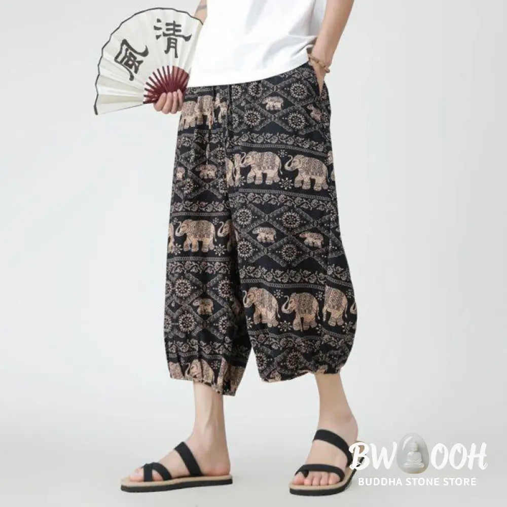 Buddha Stones Summer Square Patchwork Elephant Mandala Geometry Cotton Linen Men’s 7-8 Length Pants With Pockets