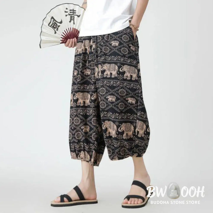 Buddha Stones Summer Square Patchwork Elephant Mandala Geometry Cotton Linen Men’s 7-8 Length Pants With Pockets