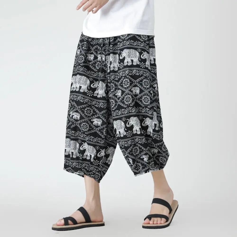 Buddha Stones Summer Square Patchwork Elephant Mandala Geometry Cotton Linen Men’s 7-8 Length Pants With Pockets
