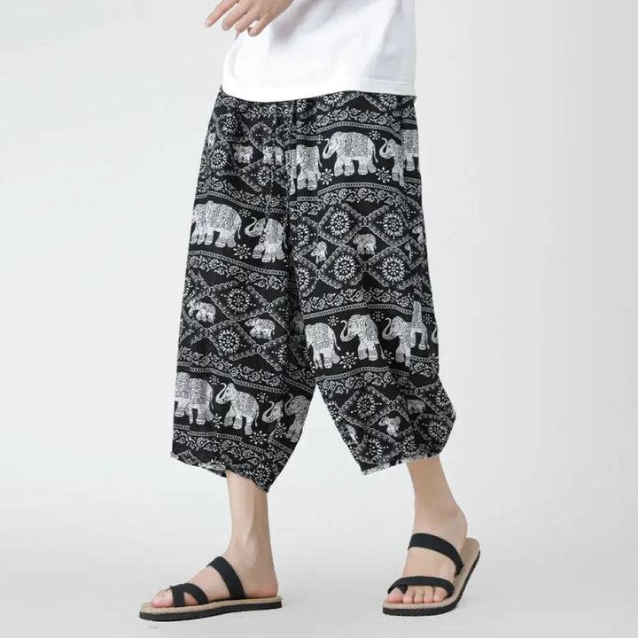Buddha Stones Summer Square Patchwork Elephant Mandala Geometry Cotton Linen Men’s 7-8 Length Pants With Pockets
