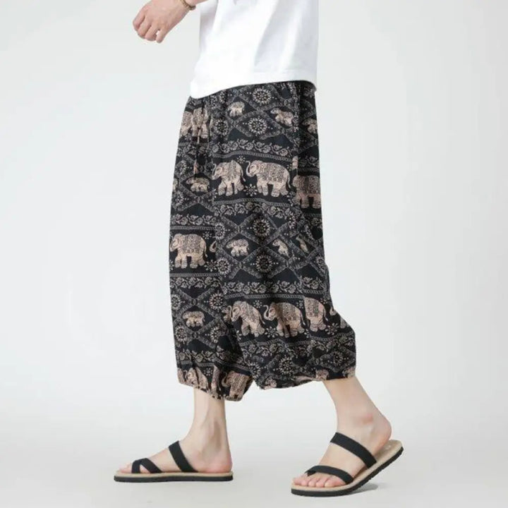 Buddha Stones Summer Square Patchwork Elephant Mandala Geometry Cotton Linen Men’s 7-8 Length Pants With Pockets - Peru
