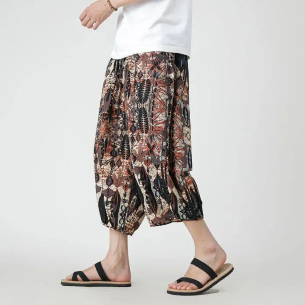 Buddha Stones Summer Square Patchwork Elephant Mandala Geometry Cotton Linen Men’s 7-8 Length Pants With Pockets