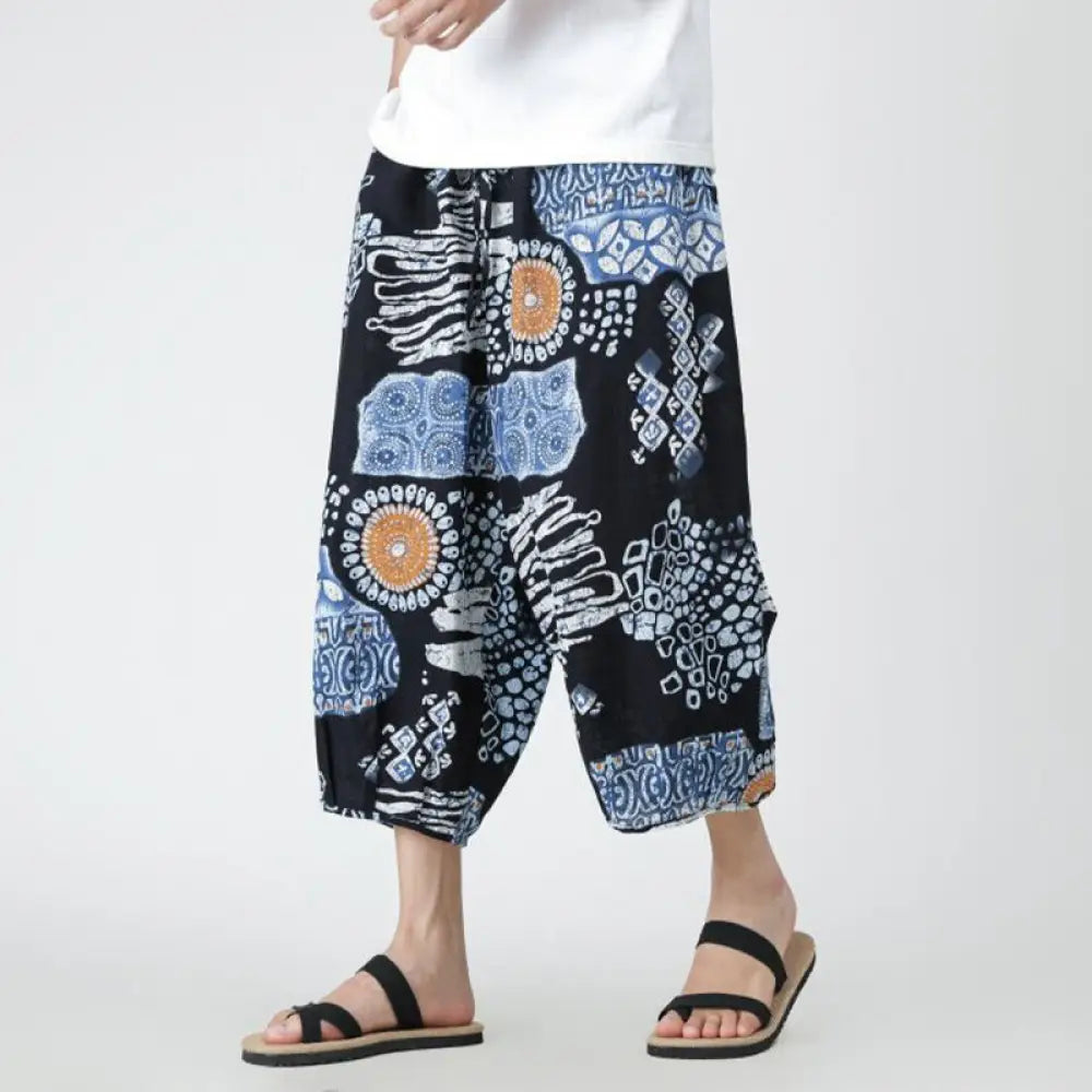 Buddha Stones Summer Square Patchwork Elephant Mandala Geometry Cotton Linen Men’s 7-8 Length Pants With Pockets