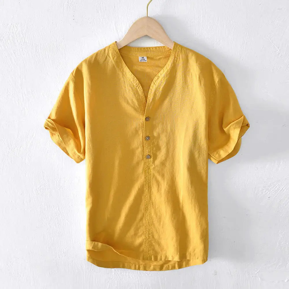 Buddha Stones Summer Stand Collar Short Sleeve Cotton Linen Half Button Men’s Shirt - Gold / US/UK/AU36，EU46 (L)