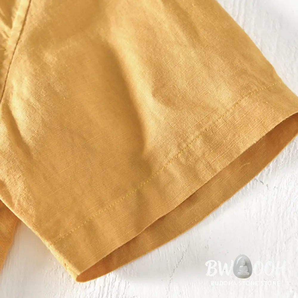 Buddha Stones Summer Stand Collar Short Sleeve Cotton Linen Half Button Men’s Shirt - Men’s Shirts