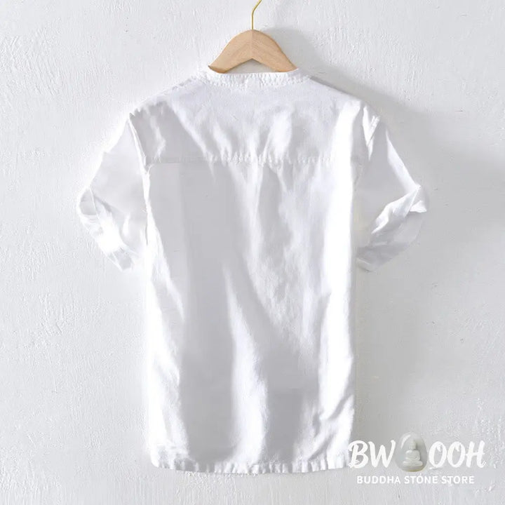 Buddha Stones Summer Stand Collar Short Sleeve Cotton Linen Half Button Men’s Shirt - Men’s Shirts