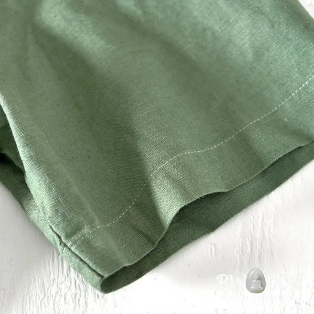 Buddha Stones Summer Stand Collar Short Sleeve Cotton Linen Half Button Men’s Shirt - Men’s Shirts