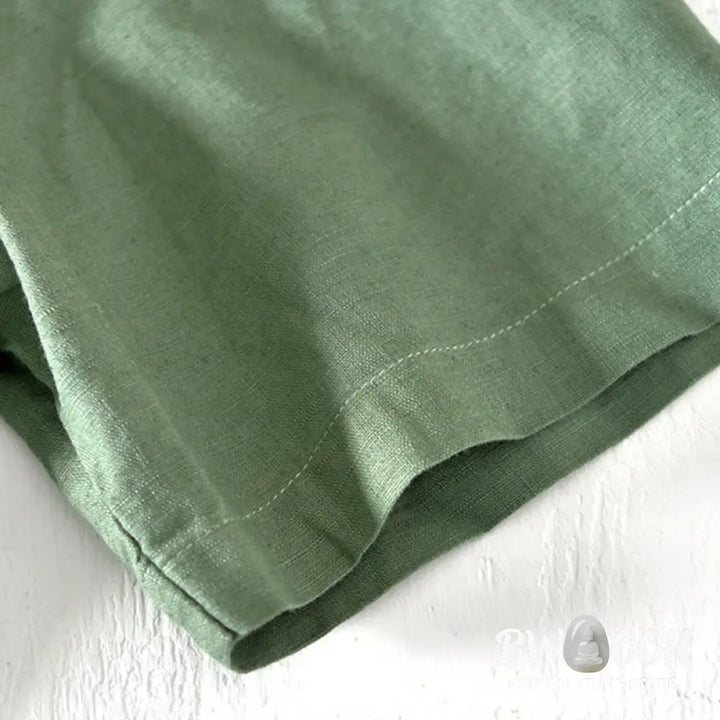 Buddha Stones Summer Stand Collar Short Sleeve Cotton Linen Half Button Men’s Shirt - Men’s Shirts