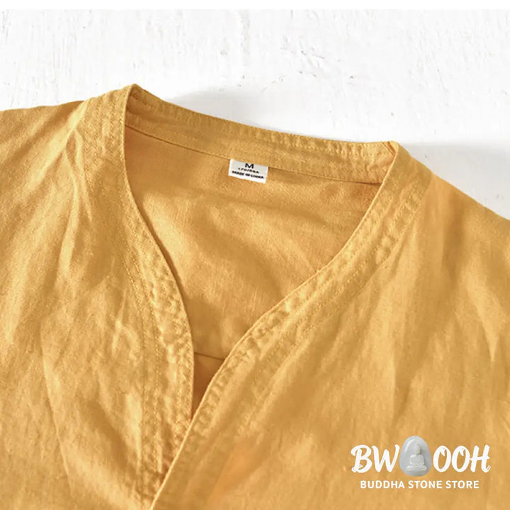 Buddha Stones Summer Stand Collar Short Sleeve Cotton Linen Half Button Men’s Shirt - Men’s Shirts