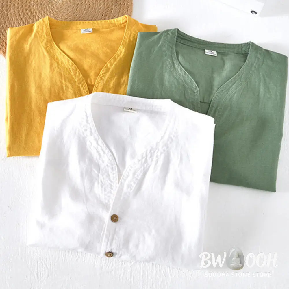 Buddha Stones Summer Stand Collar Short Sleeve Cotton Linen Half Button Men’s Shirt - Men’s Shirts