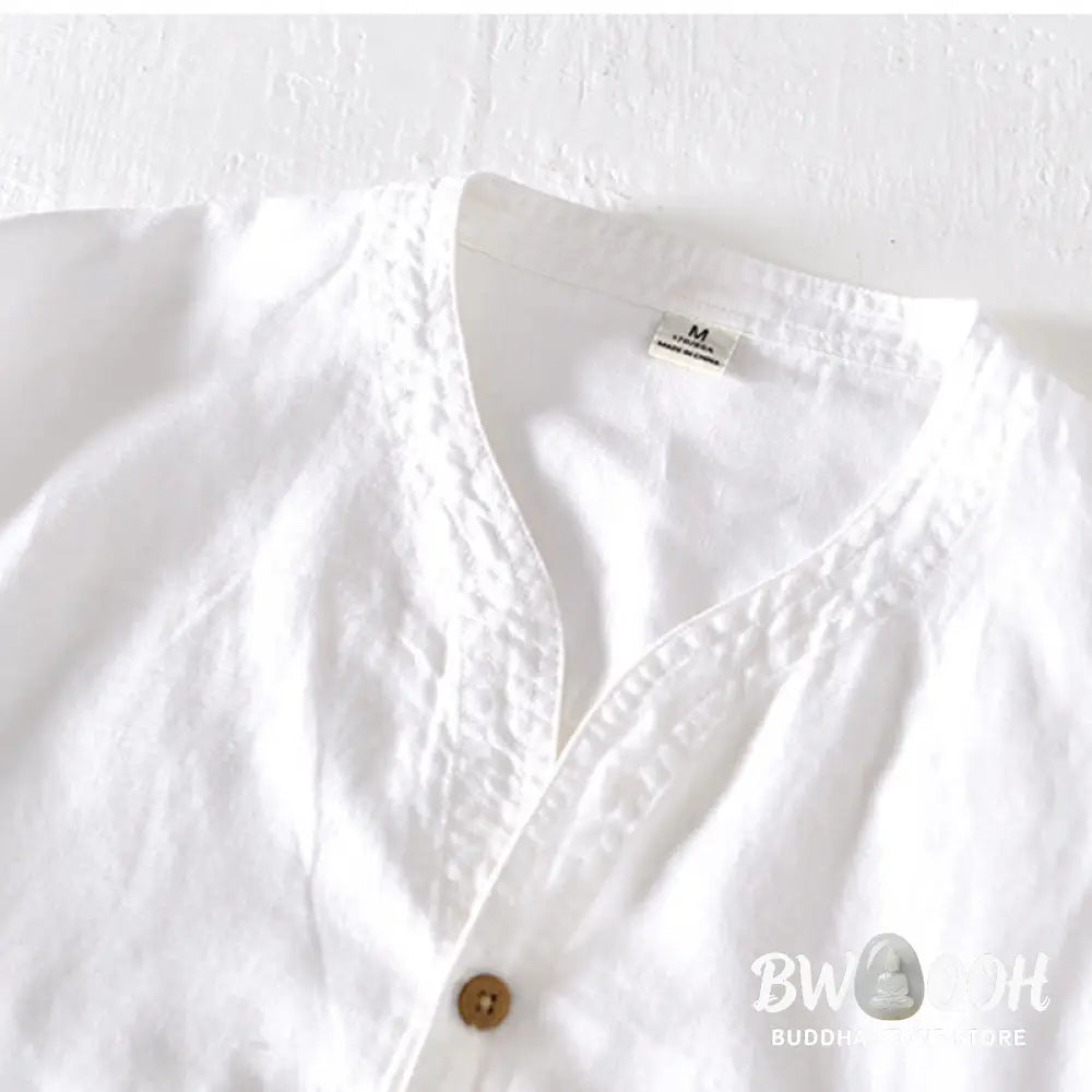 Buddha Stones Summer Stand Collar Short Sleeve Cotton Linen Half Button Men’s Shirt - Men’s Shirts