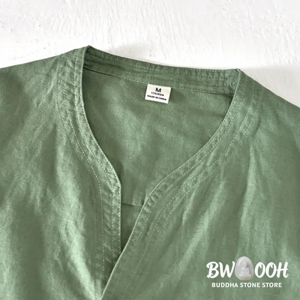 Buddha Stones Summer Stand Collar Short Sleeve Cotton Linen Half Button Men’s Shirt - Men’s Shirts