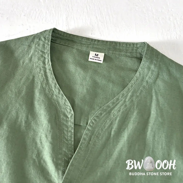 Buddha Stones Summer Stand Collar Short Sleeve Cotton Linen Half Button Men’s Shirt - Men’s Shirts