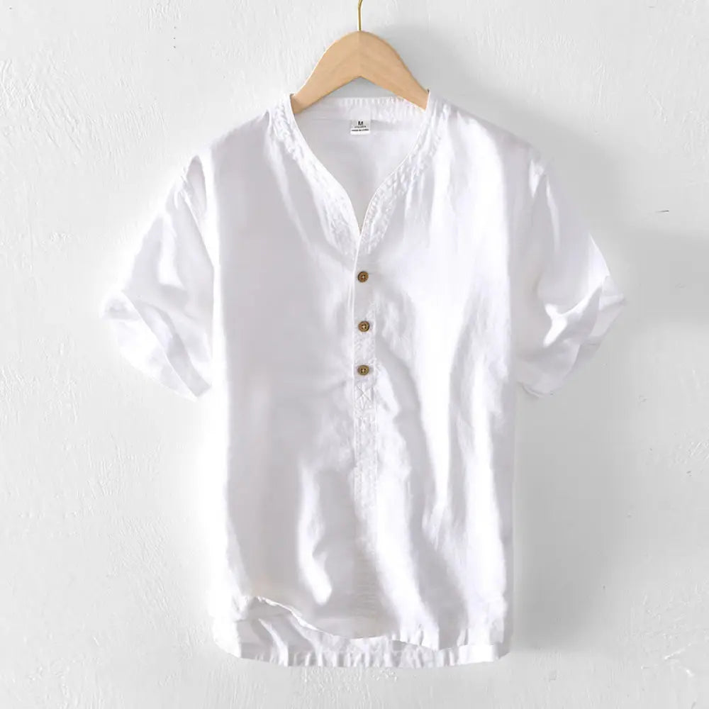 Buddha Stones Summer Stand Collar Short Sleeve Cotton Linen Half Button Men’s Shirt - White / US/UK/AU36，EU46 (L)
