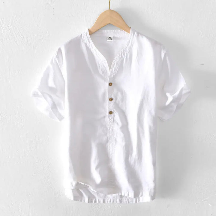 Buddha Stones Summer Stand Collar Short Sleeve Cotton Linen Half Button Men’s Shirt - White / US/UK/AU36，EU46 (L)
