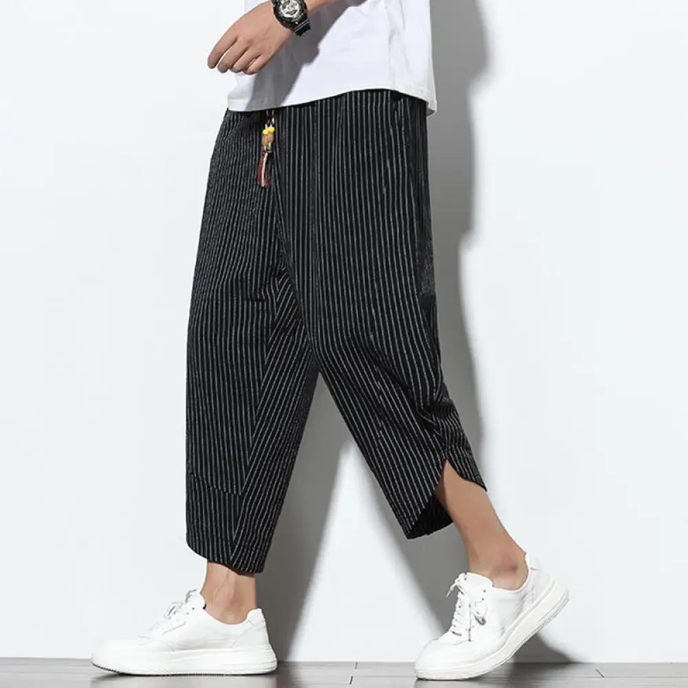 Buddha Stones Summer Stripes Pattern Drawstring Cotton Linen Men’s 7-8 Length Harem Pants With Pockets - Black