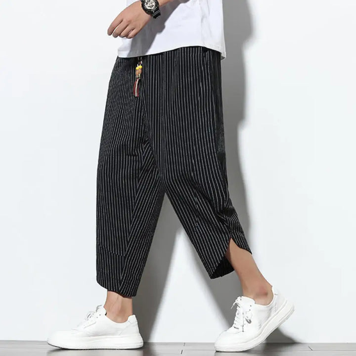 Buddha Stones Summer Stripes Pattern Drawstring Cotton Linen Men’s 7-8 Length Harem Pants With Pockets - Black