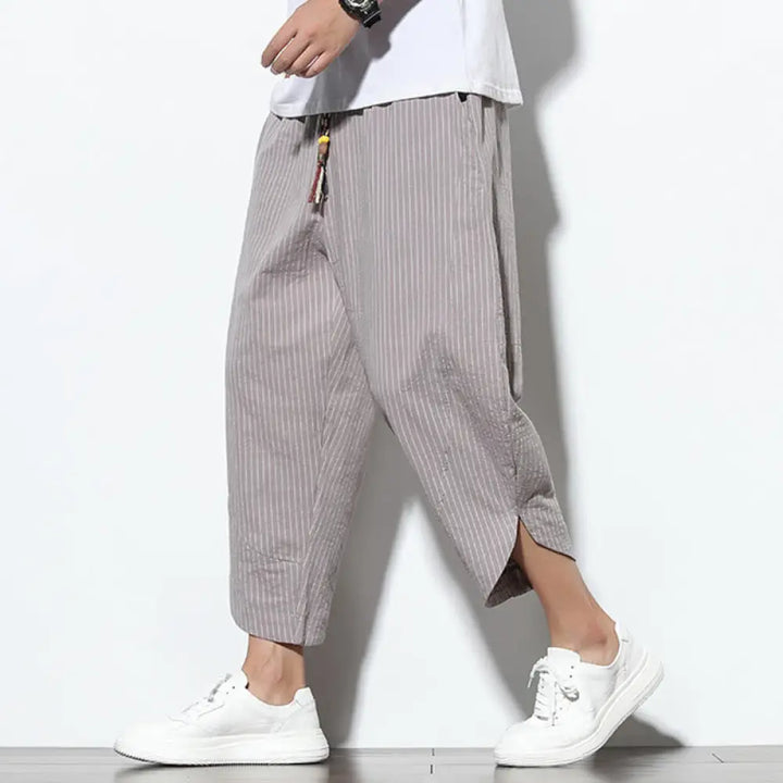 Buddha Stones Summer Stripes Pattern Drawstring Cotton Linen Men’s 7-8 Length Harem Pants With Pockets - DarkGray