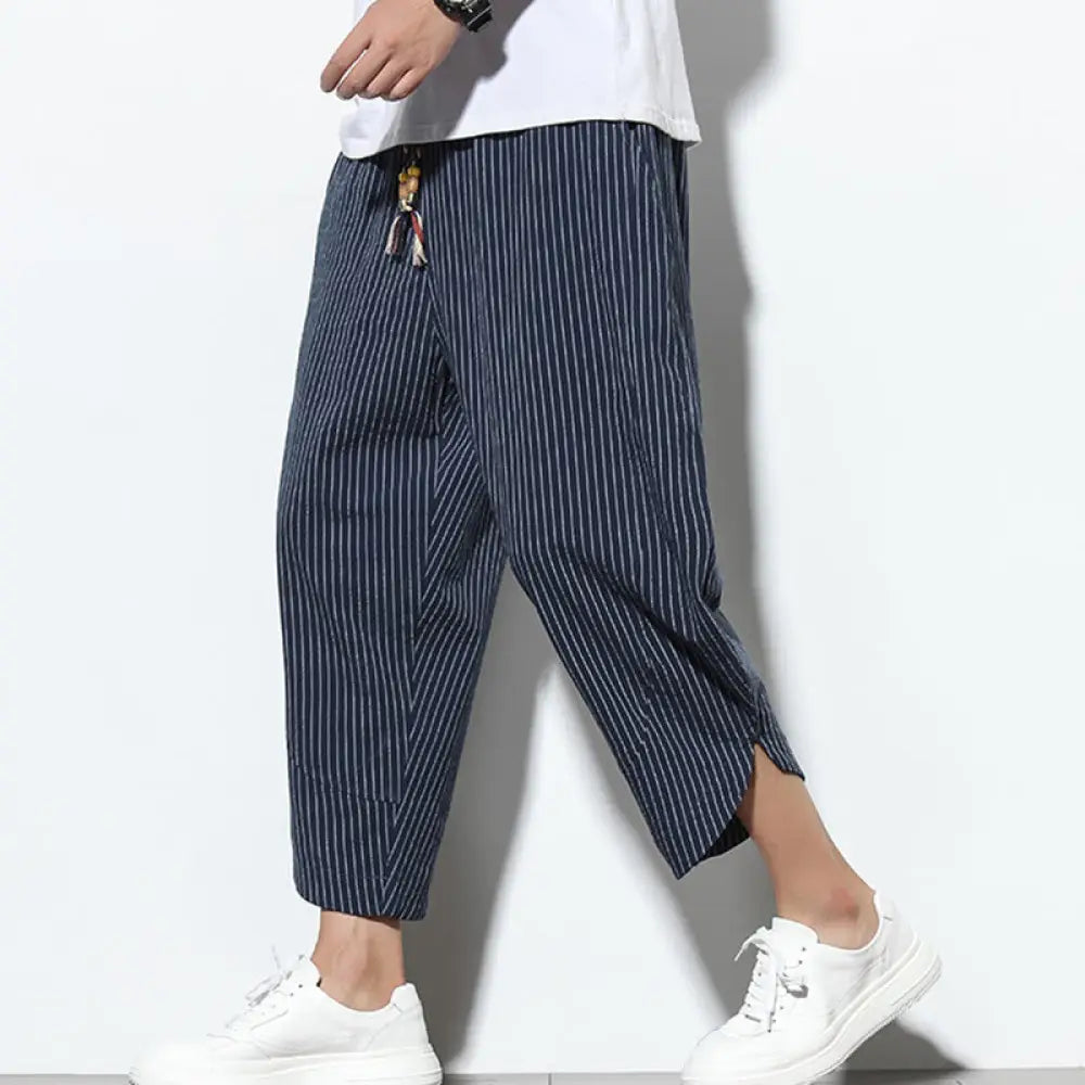 Buddha Stones Summer Stripes Pattern Drawstring Cotton Linen Men’s 7-8 Length Harem Pants With Pockets - MidnightBlue