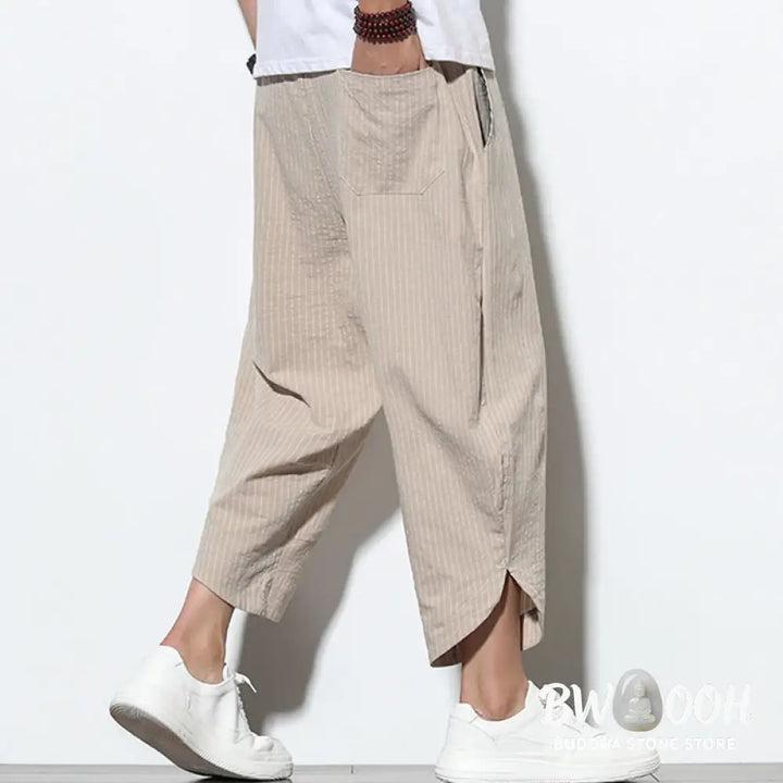 Buddha Stones Summer Stripes Pattern Drawstring Cotton Linen Men’s 7-8 Length Harem Pants With Pockets - Men’s Tapered