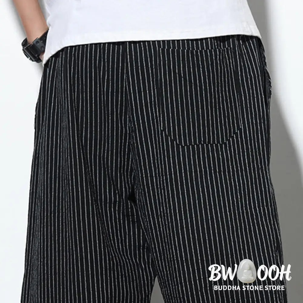 Buddha Stones Summer Stripes Pattern Drawstring Cotton Linen Men’s 7-8 Length Harem Pants With Pockets - Men’s Tapered