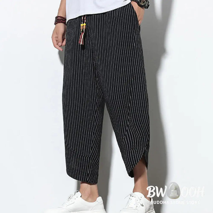 Buddha Stones Summer Stripes Pattern Drawstring Cotton Linen Men’s 7-8 Length Harem Pants With Pockets - Men’s Tapered