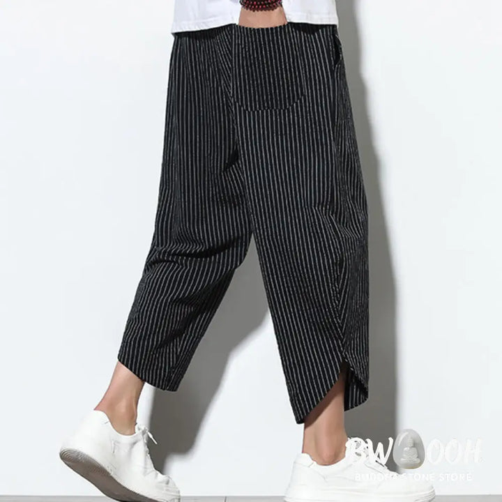 Buddha Stones Summer Stripes Pattern Drawstring Cotton Linen Men’s 7-8 Length Harem Pants With Pockets - Men’s Tapered