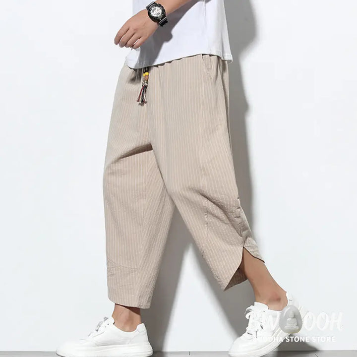 Buddha Stones Summer Stripes Pattern Drawstring Cotton Linen Men’s 7-8 Length Harem Pants With Pockets - Men’s Tapered