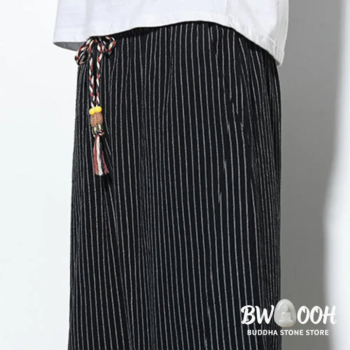 Buddha Stones Summer Stripes Pattern Drawstring Cotton Linen Men’s 7-8 Length Harem Pants With Pockets - Men’s Tapered