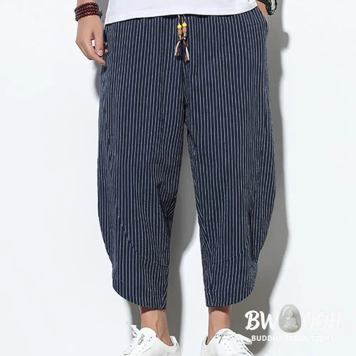 Buddha Stones Summer Stripes Pattern Drawstring Cotton Linen Men’s 7-8 Length Harem Pants With Pockets - Men’s Tapered
